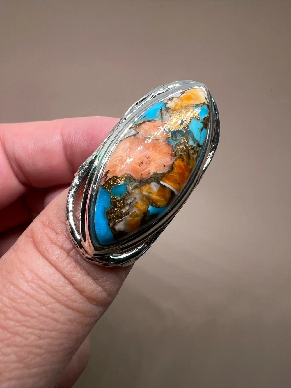 Oyster Copper Turquoise composite Sterling silver statement ring